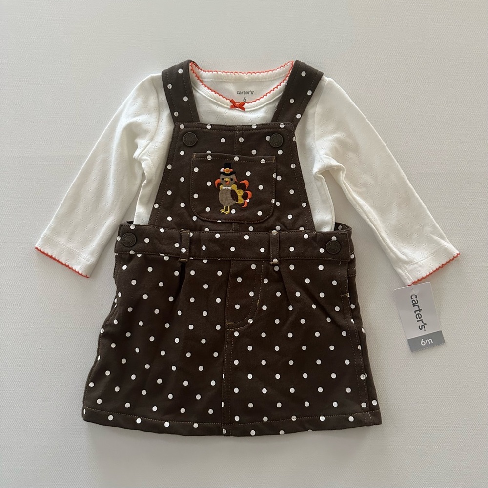 Carter’s 6 Months Baby Girl Thanksgiving Turkey Polka Dot Jumper Dress Set NWT